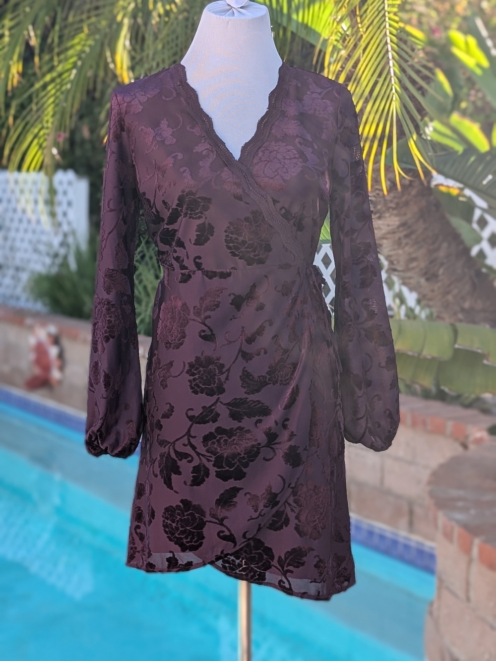 Francesca's Collections Plum Floral Burnout Wrap Dress